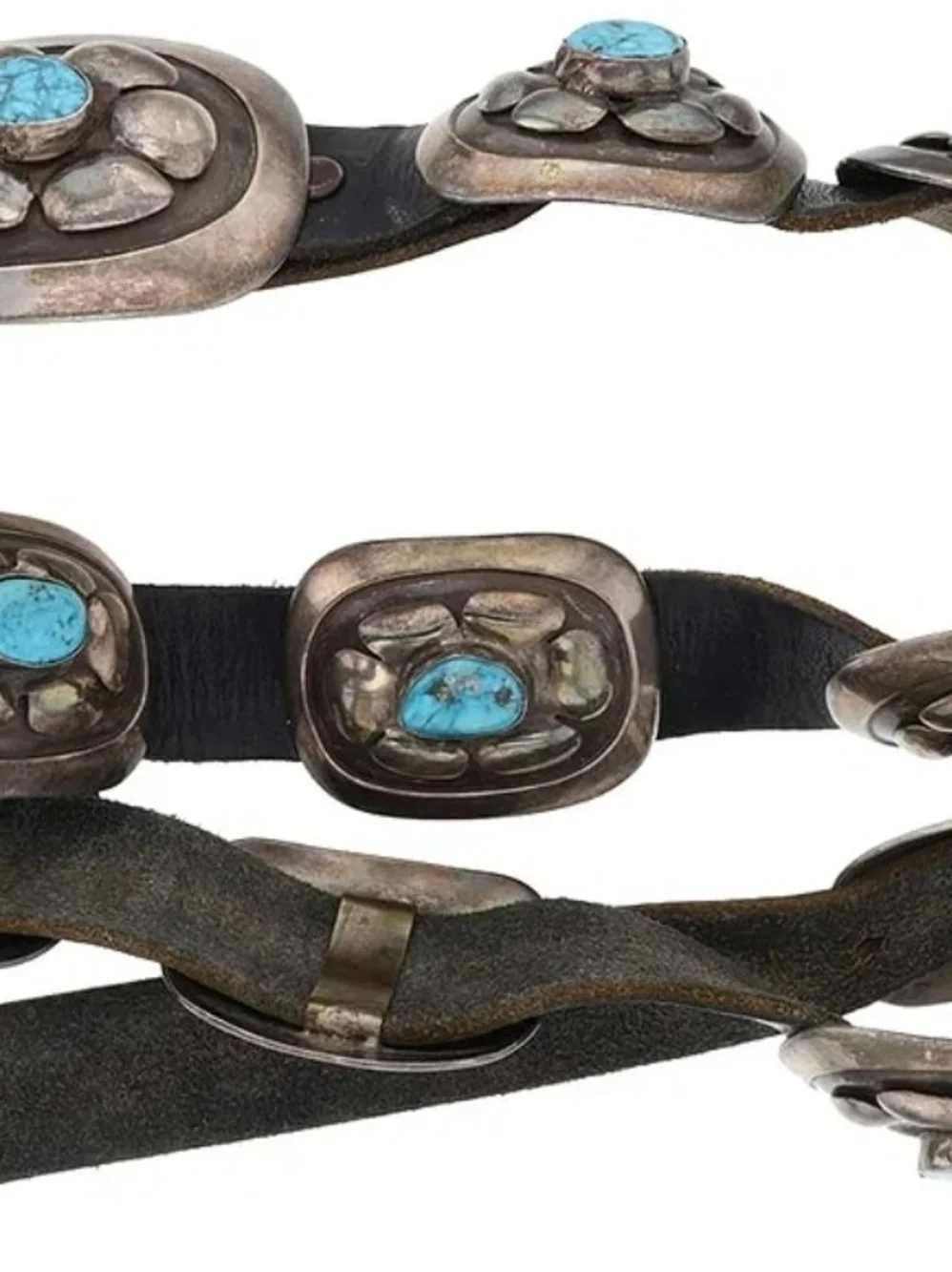 Vintage Black Leather Concho Belt with Turquoise Stones